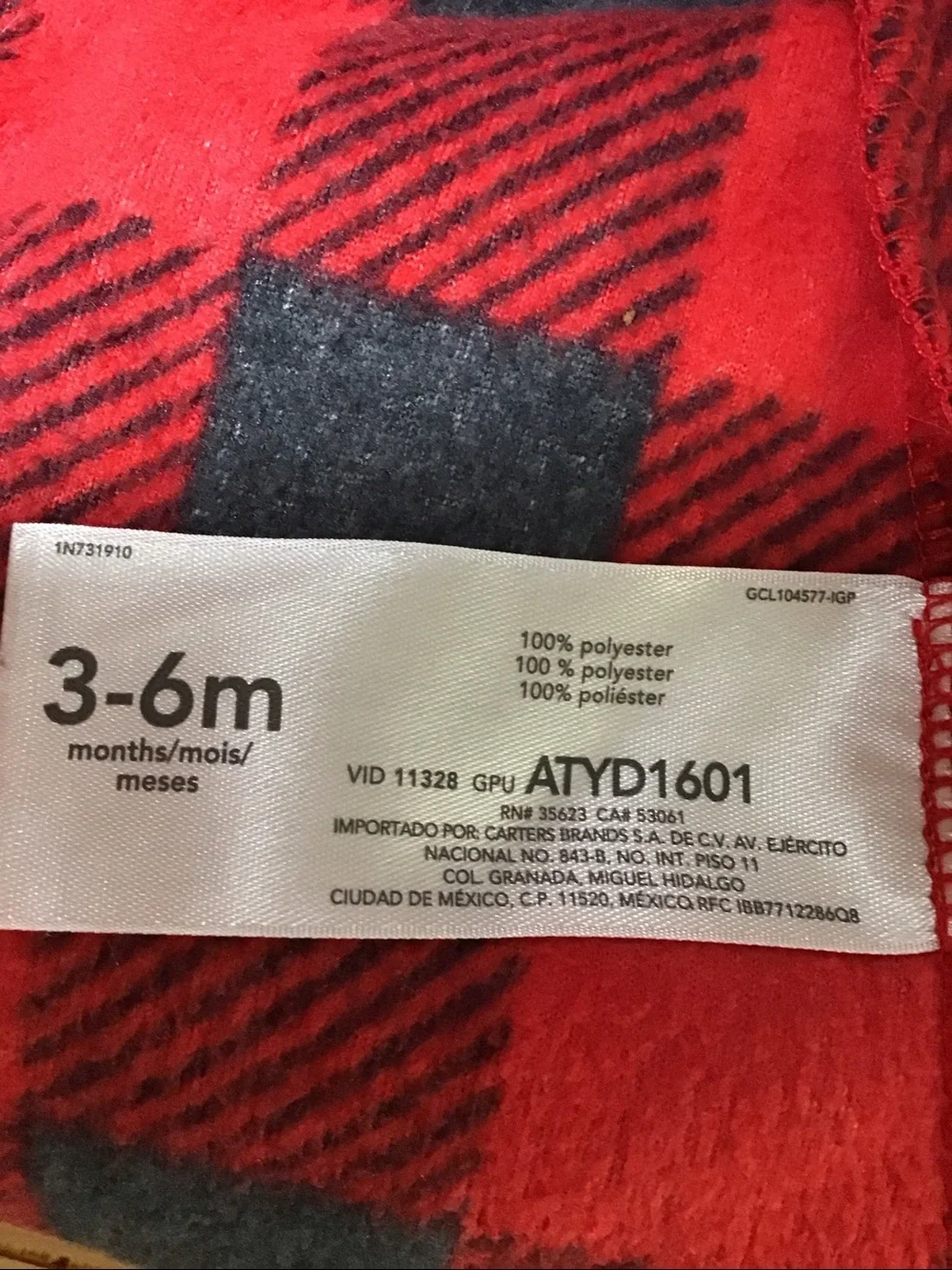 Carter's Red & Black Buffalo Plaid Fleece Sleep Blanket Bunting 3-6 Months